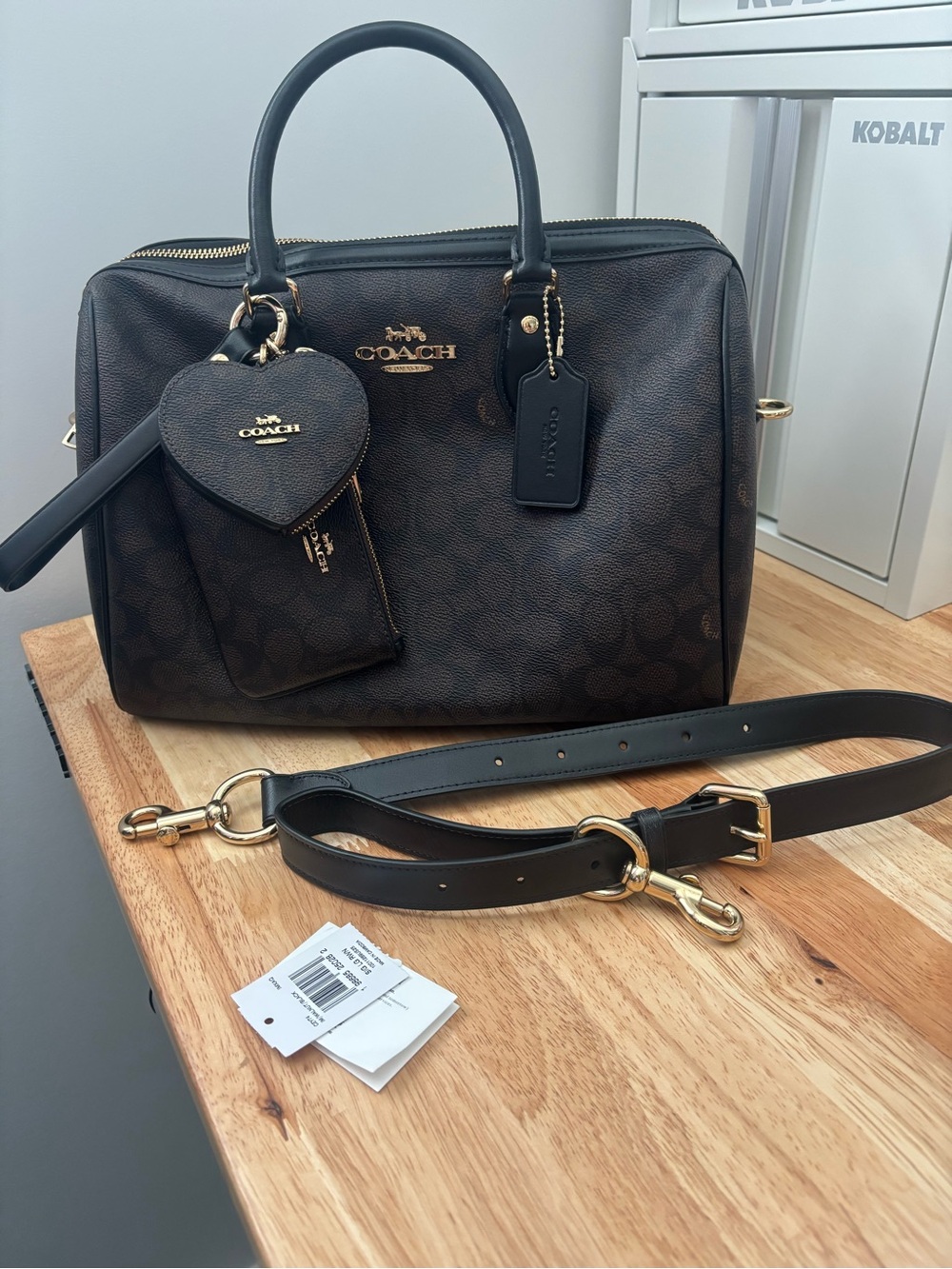 Coach Rowan Large Satchel Bag In Signature Canvas with Wristlet And Heart Pouch